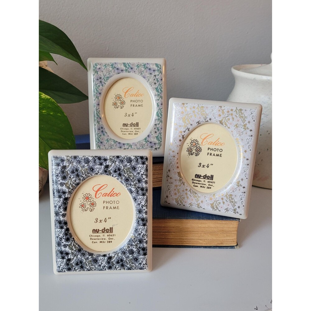 Vintage Calico Floral Photo Frames 3"x4" Nu-Dell Plastics Set of 3